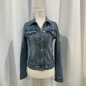 Fitted Denim Jacket with Pearls - Blue - Small